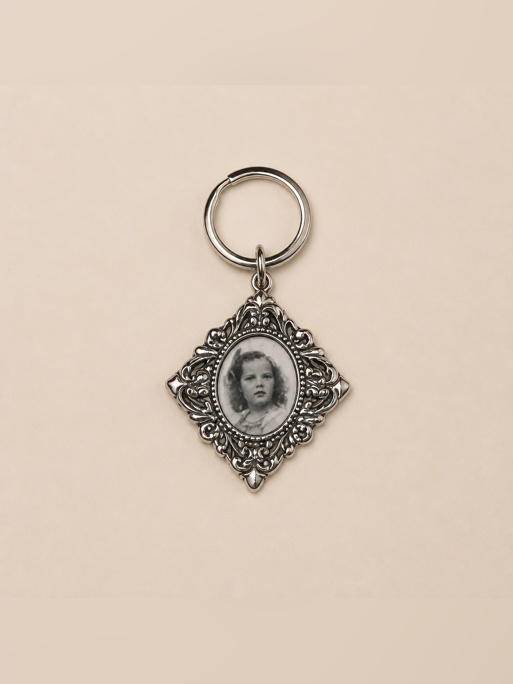 Vintage Look Silver Tone Ornate Keychain with Photo Charm 2/$25